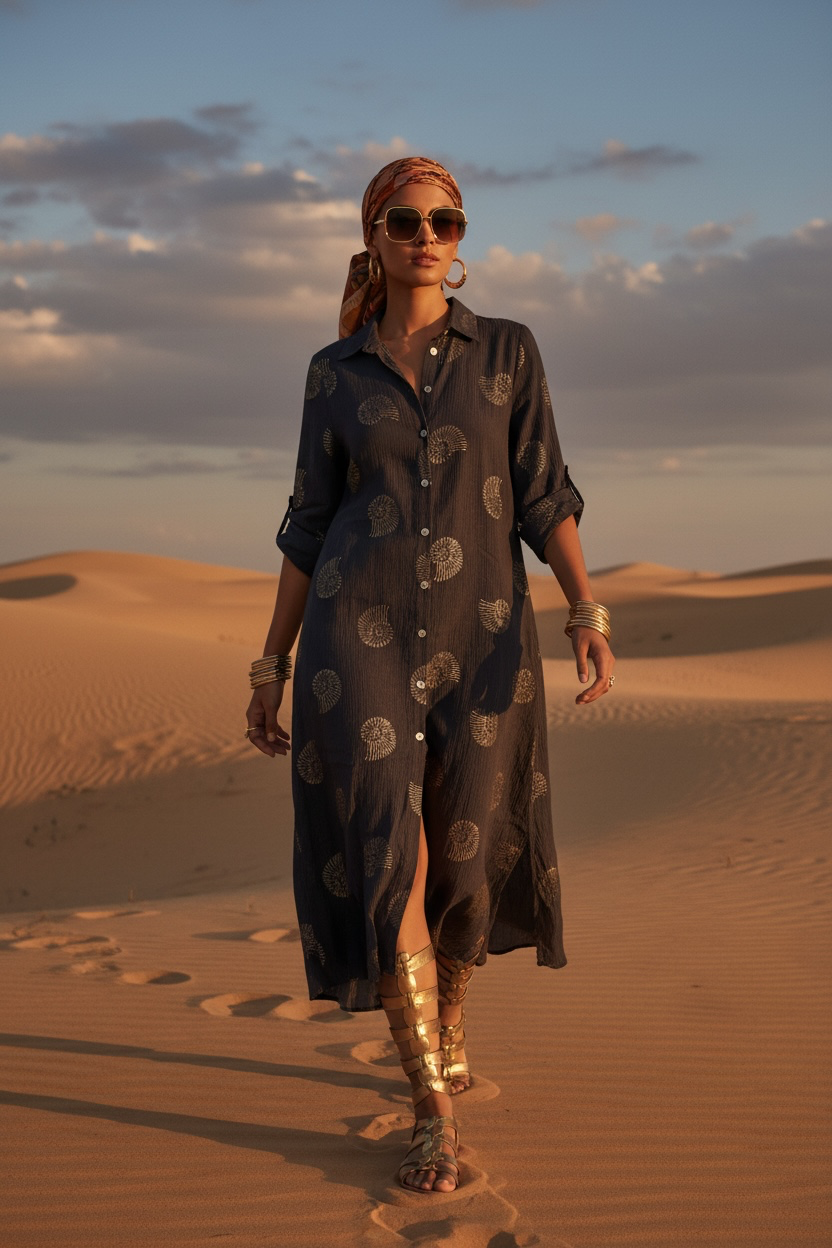 Vestido LISBOA, Camisero Largo en Algodón Blockprint