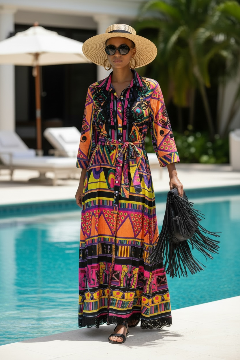 Vestido camisero 100% algodón estampado con bordados negros