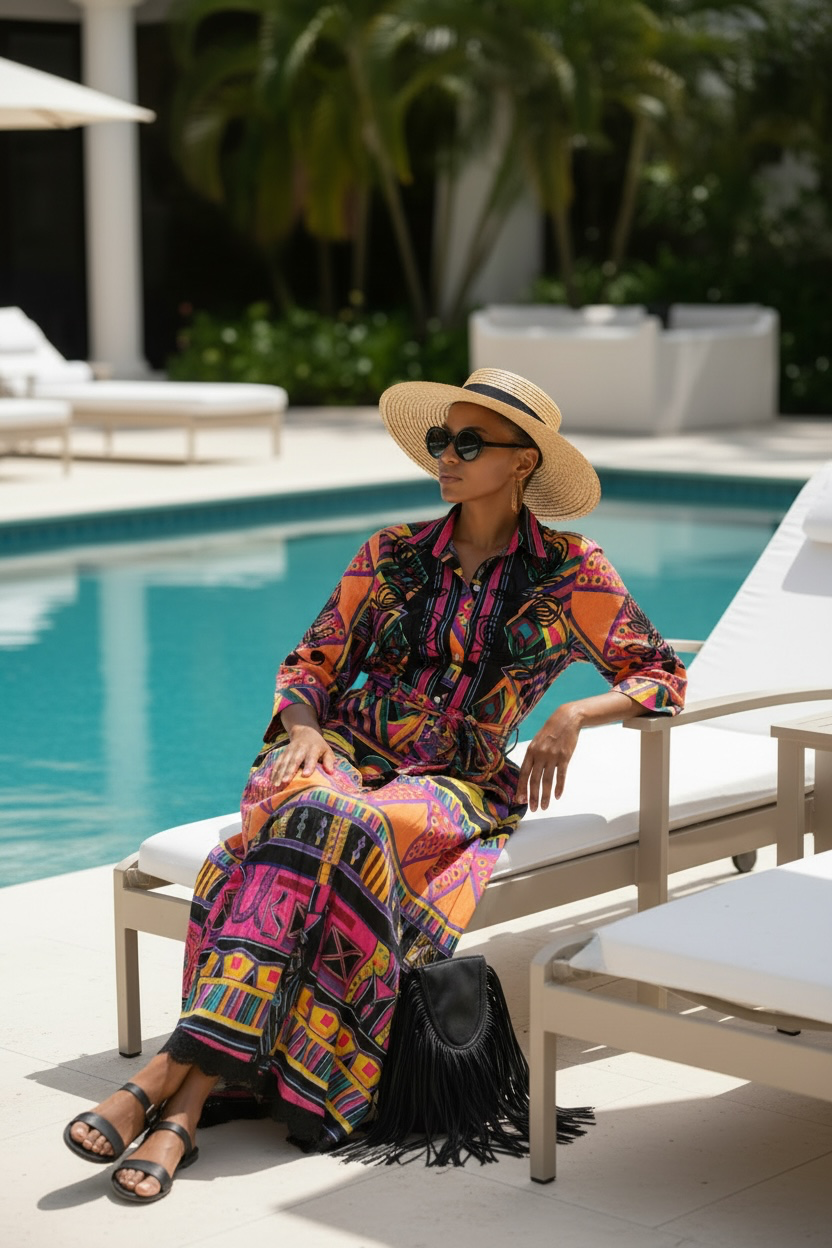 Vestido camisero 100% algodón estampado con bordados negros