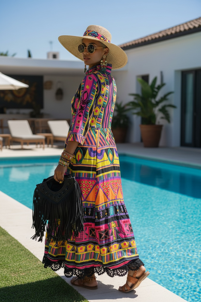 Vestido camisero 100% algodón estampado con bordados negros