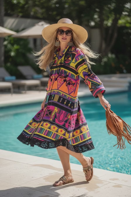 Vestido camisero corto 100% algodón estampado con bordados negros