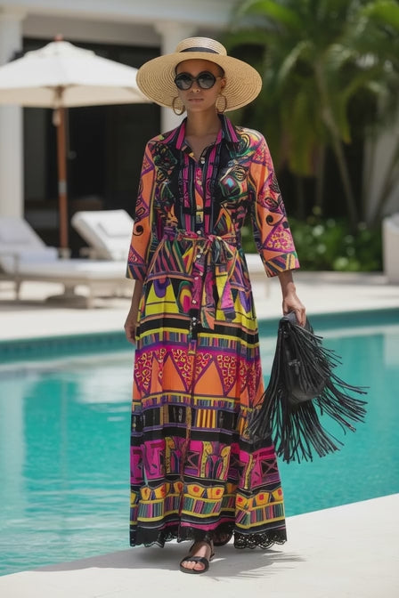 Vestido camisero 100% algodón estampado con bordados negros