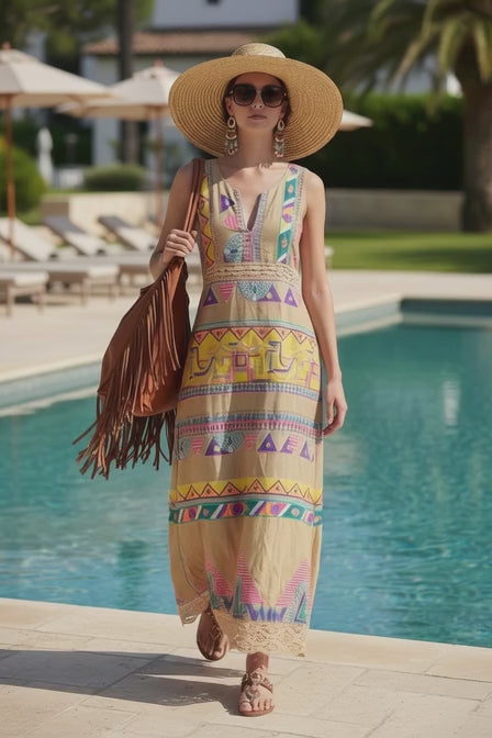 Vestido 100% algodón estampado con aplicaciones de crochet amarillo